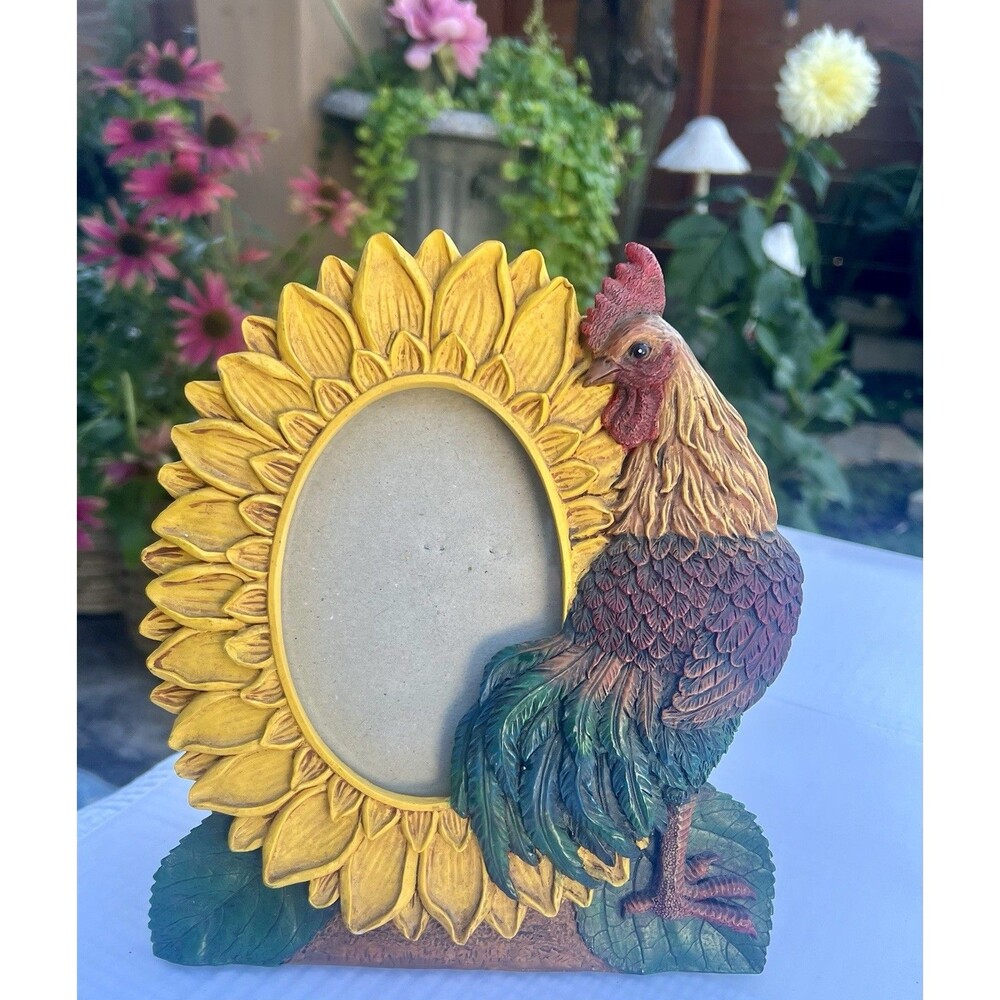 Vintage Rooster Sunflower Picture Frame 8x7 Farmhouse Cottagecore Country Decor